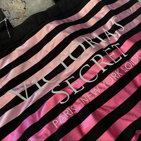 Victoria's Secret Overnight Canvas Purse Metallic Pink w/ Black Stripes Tote - Picture 8 of 13